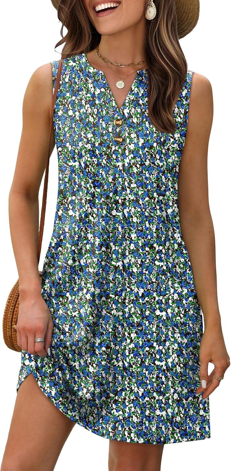 imageXIEERDUO Summer Dresses for Women 2025 Beach Vacation Clothes V Neck Button Sundresses with PocketsA Floral 03