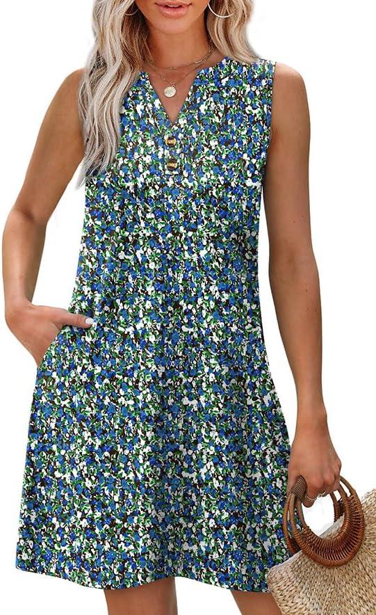 imageXIEERDUO Summer Dresses for Women 2025 Beach Vacation Clothes V Neck Button Sundresses with PocketsA Floral 03
