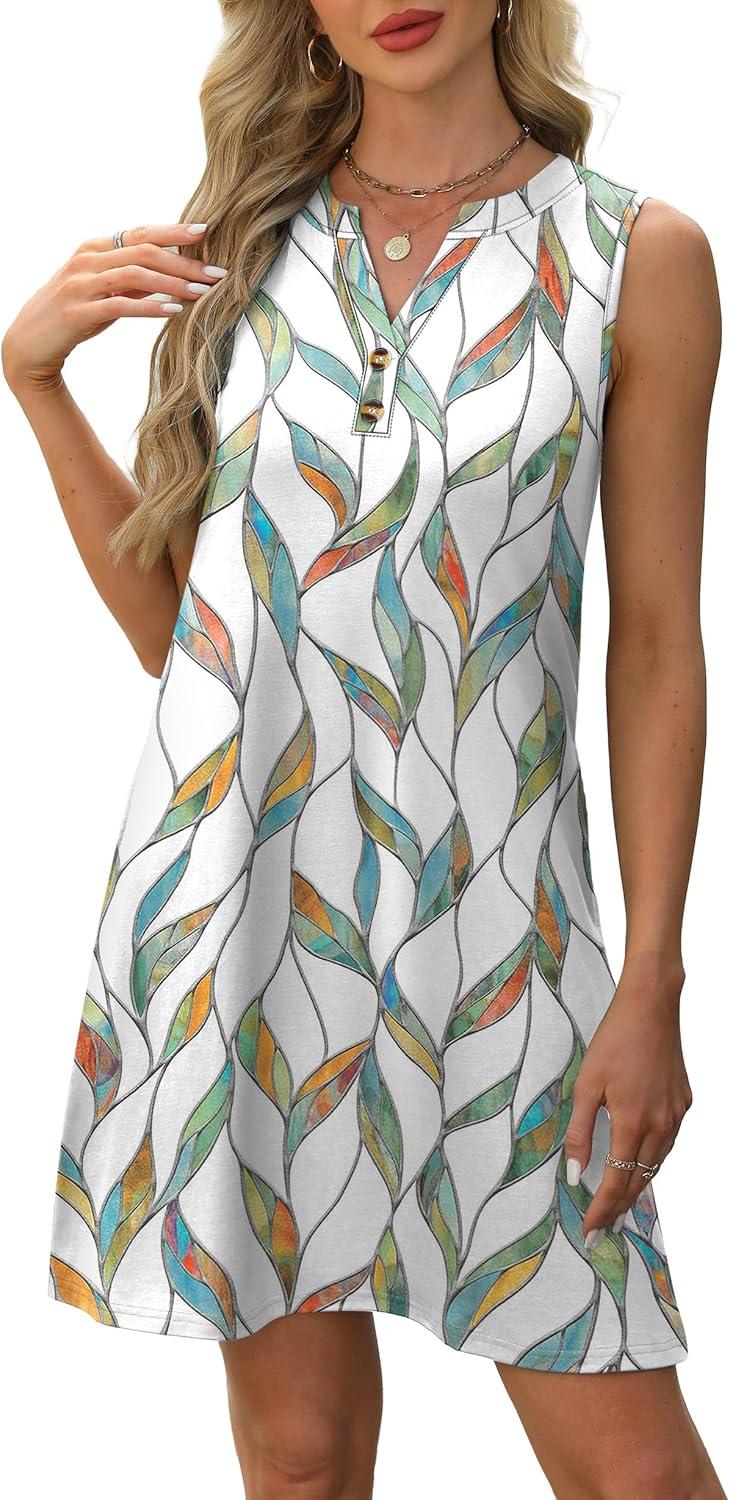 imageXIEERDUO Summer Dresses for Women 2025 Beach Vacation Clothes V Neck Button Sundresses with PocketsA Floral 04