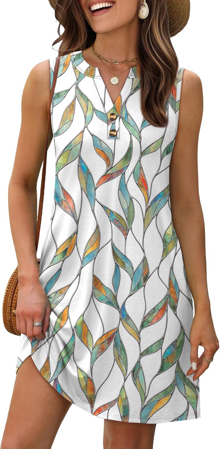 imageXIEERDUO Summer Dresses for Women 2025 Beach Vacation Clothes V Neck Button Sundresses with PocketsA Floral 04