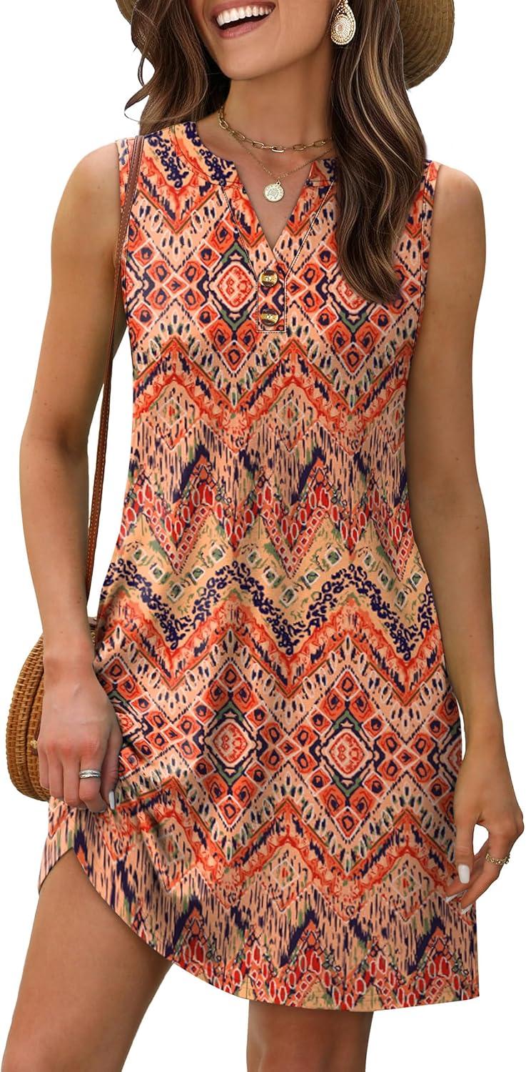 imageXIEERDUO Summer Dresses for Women 2025 Beach Vacation Clothes V Neck Button Sundresses with PocketsA Floral 05