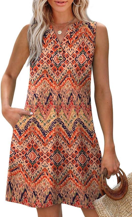 imageXIEERDUO Summer Dresses for Women 2025 Beach Vacation Clothes V Neck Button Sundresses with PocketsA Floral 05