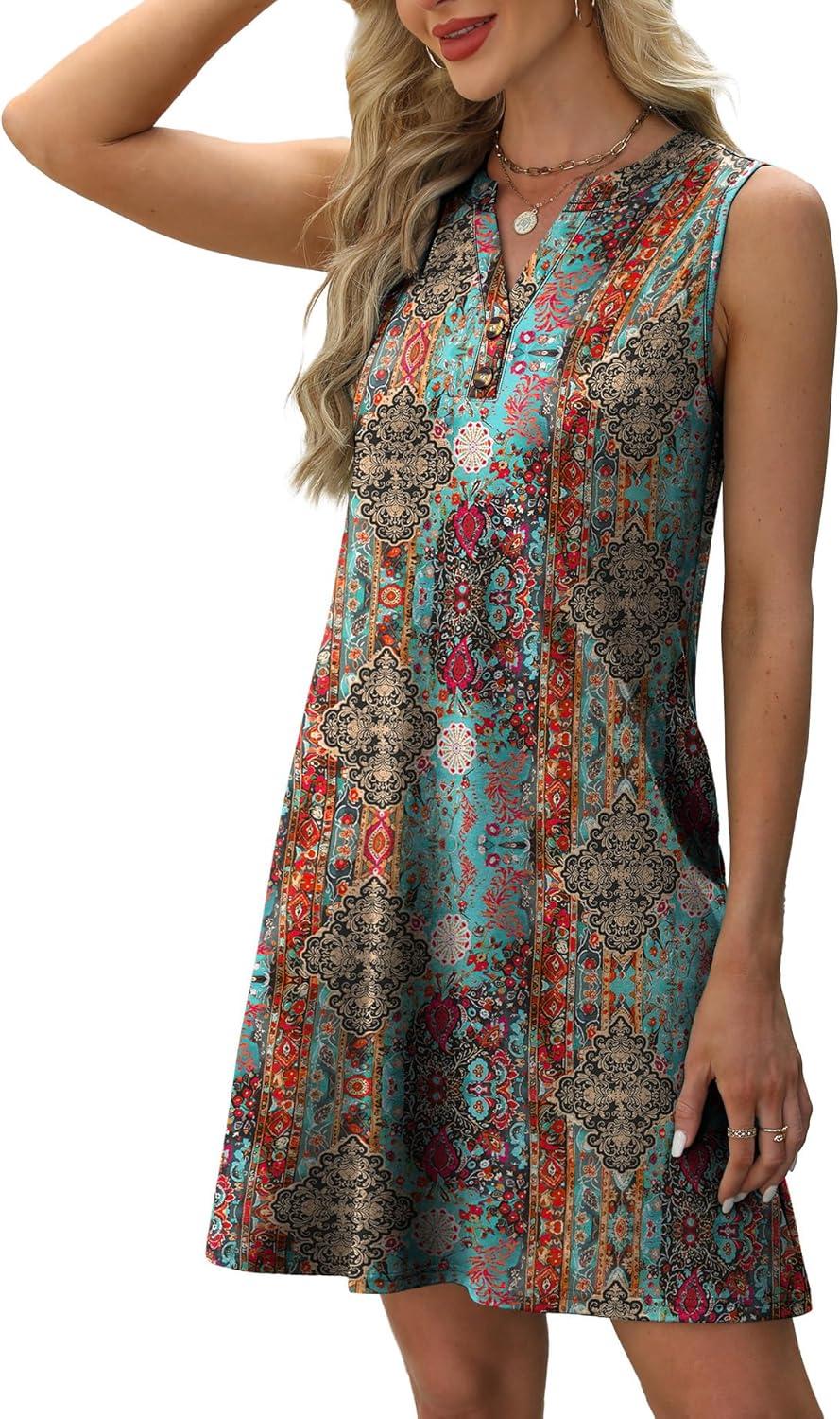 imageXIEERDUO Summer Dresses for Women 2025 Beach Vacation Clothes V Neck Button Sundresses with PocketsA Floral 07