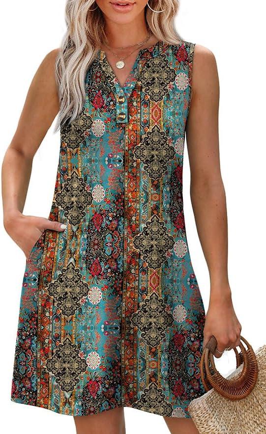 imageXIEERDUO Summer Dresses for Women 2025 Beach Vacation Clothes V Neck Button Sundresses with PocketsA Floral 07