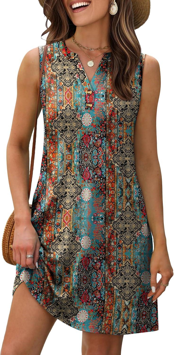 imageXIEERDUO Summer Dresses for Women 2025 Beach Vacation Clothes V Neck Button Sundresses with PocketsA Floral 07