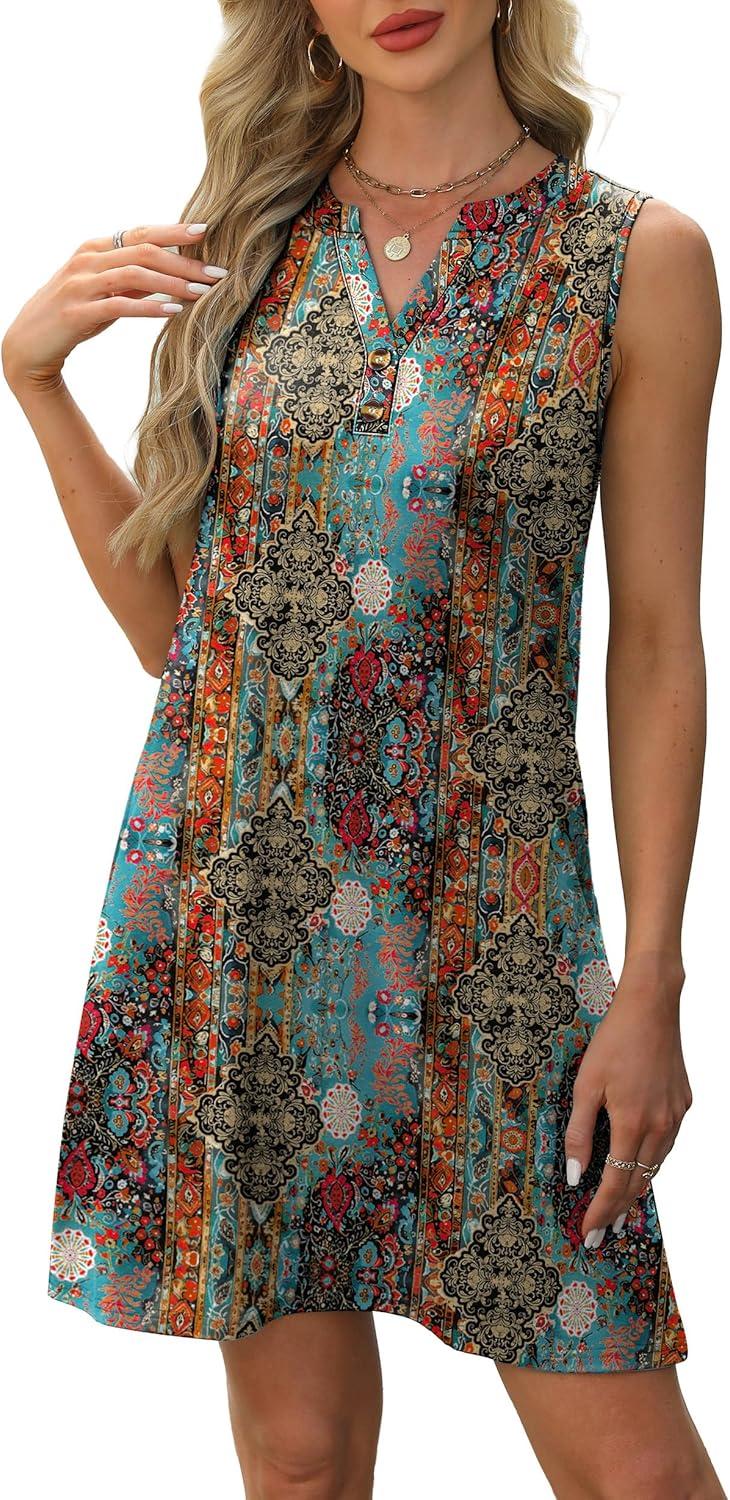 imageXIEERDUO Summer Dresses for Women 2025 Beach Vacation Clothes V Neck Button Sundresses with PocketsA Floral 07