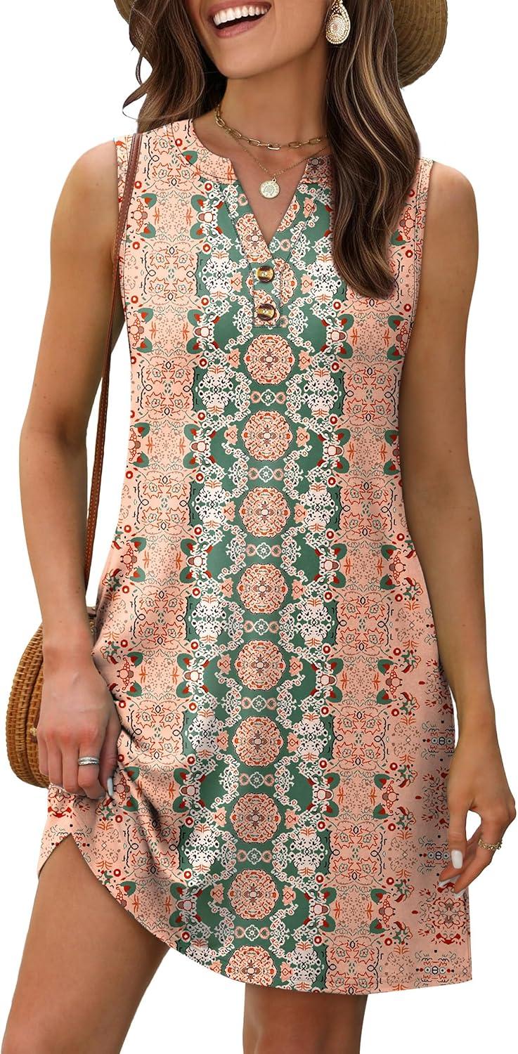 imageXIEERDUO Summer Dresses for Women 2025 Beach Vacation Clothes V Neck Button Sundresses with PocketsA Floral 08