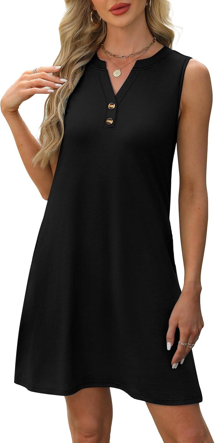 imageXIEERDUO Summer Dresses for Women 2025 Beach Vacation Clothes V Neck Button Sundresses with PocketsBlack