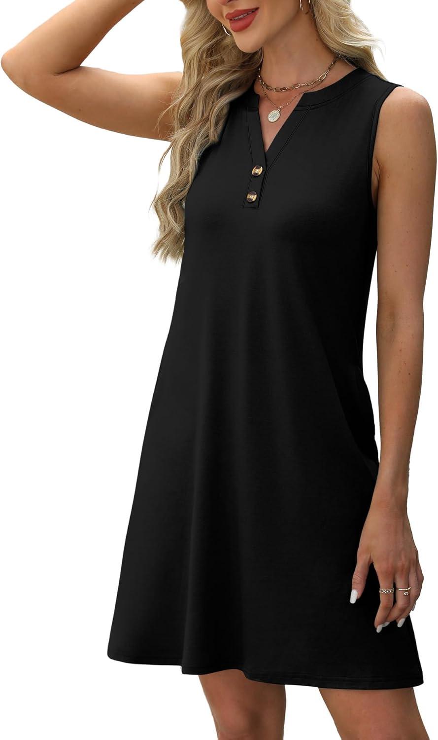 imageXIEERDUO Summer Dresses for Women 2025 Beach Vacation Clothes V Neck Button Sundresses with PocketsBlack