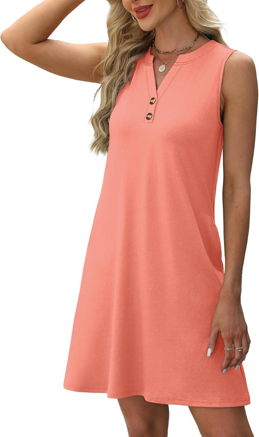 imageXIEERDUO Summer Dresses for Women 2025 Beach Vacation Clothes V Neck Button Sundresses with PocketsCoral
