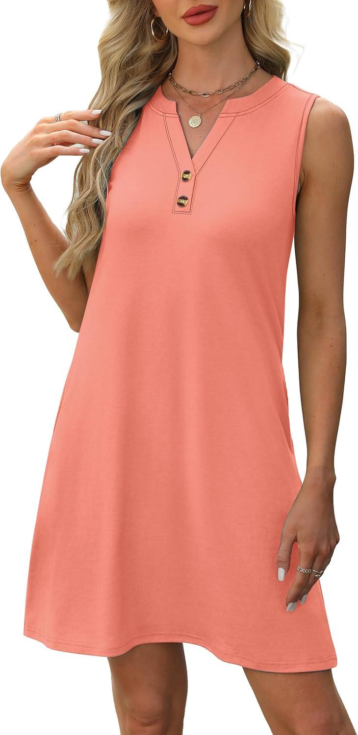 imageXIEERDUO Summer Dresses for Women 2025 Beach Vacation Clothes V Neck Button Sundresses with PocketsCoral