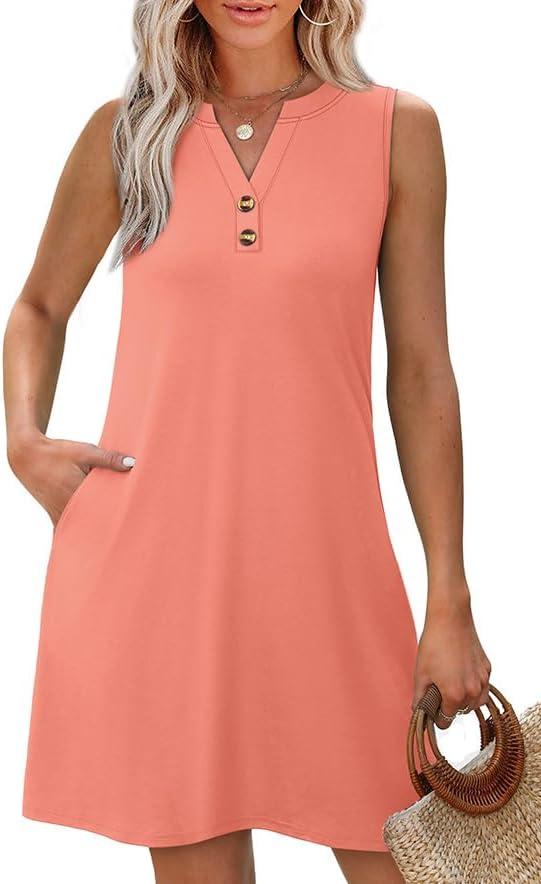 imageXIEERDUO Summer Dresses for Women 2025 Beach Vacation Clothes V Neck Button Sundresses with PocketsCoral