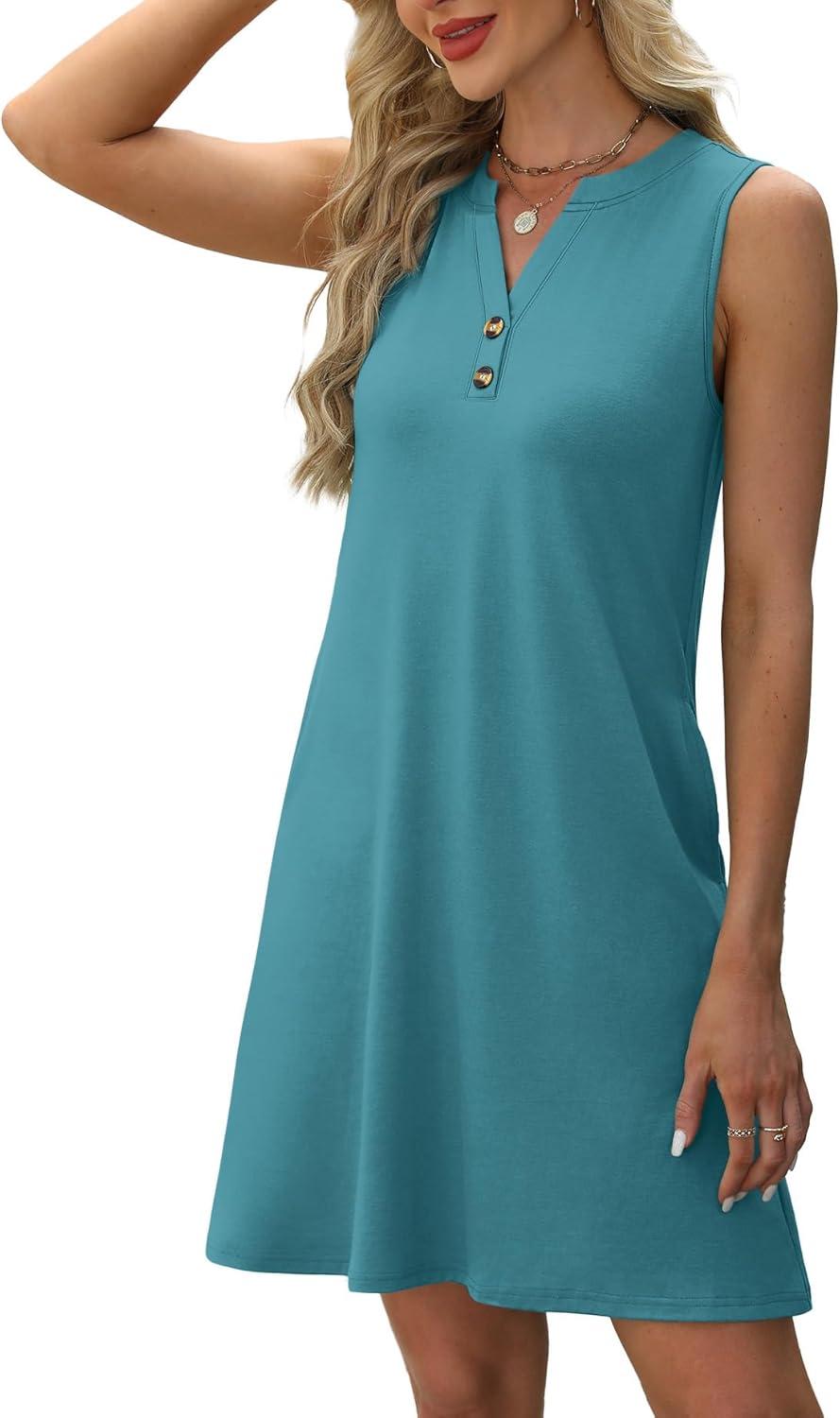 imageXIEERDUO Summer Dresses for Women 2025 Beach Vacation Clothes V Neck Button Sundresses with PocketsPlain Blue
