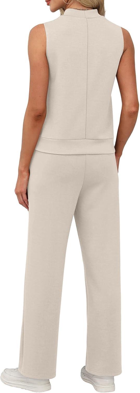 imageXIEERDUO Two Piece Sets for Women Summer Outfits Travel Mock Neck Lounge Sets Wide Leg Pants Beach Vacation ClothesBeige