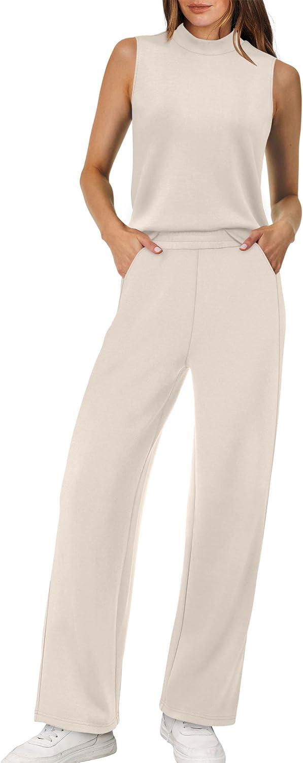 imageXIEERDUO Two Piece Sets for Women Summer Outfits Travel Mock Neck Lounge Sets Wide Leg Pants Beach Vacation ClothesBeige