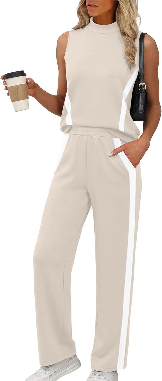 imageXIEERDUO Two Piece Sets for Women Summer Outfits Travel Mock Neck Lounge Sets Wide Leg Pants Beach Vacation ClothesBeigewhite