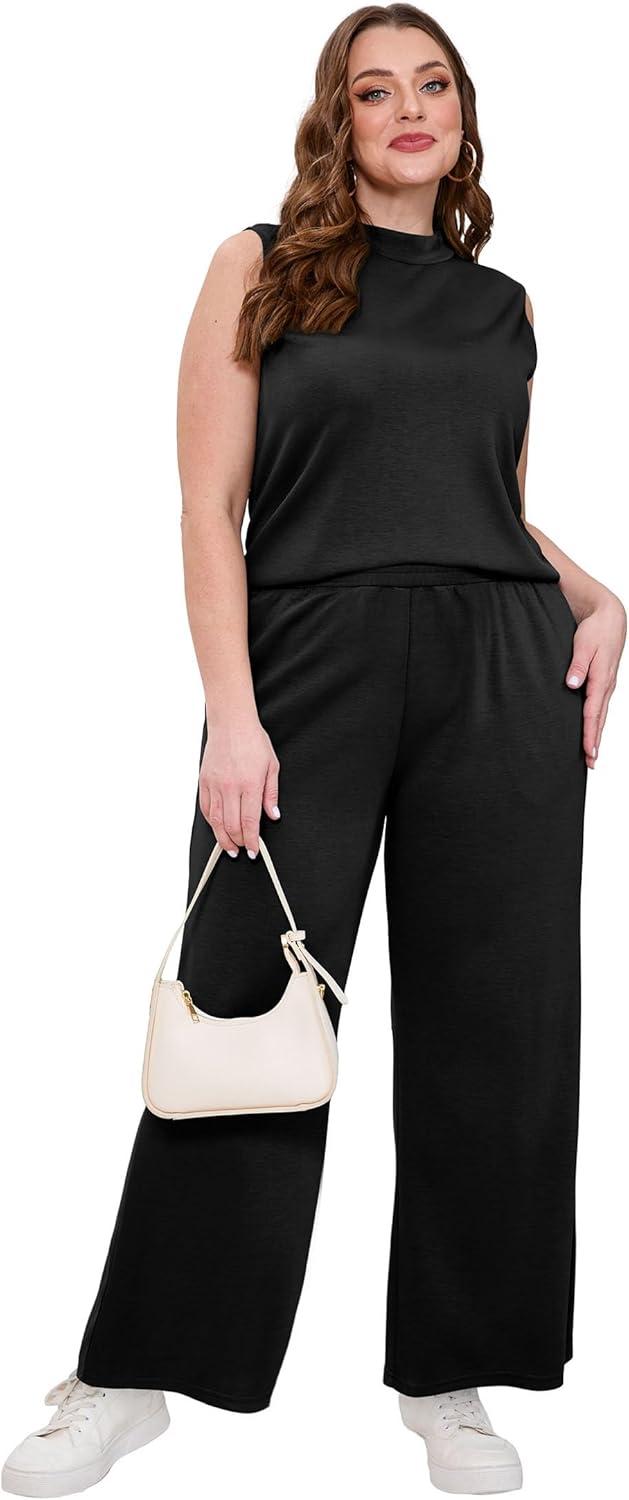 imageXIEERDUO Two Piece Sets for Women Summer Outfits Travel Mock Neck Lounge Sets Wide Leg Pants Beach Vacation ClothesBlack