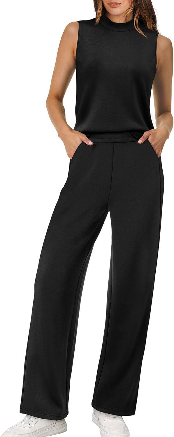 imageXIEERDUO Two Piece Sets for Women Summer Outfits Travel Mock Neck Lounge Sets Wide Leg Pants Beach Vacation ClothesBlack