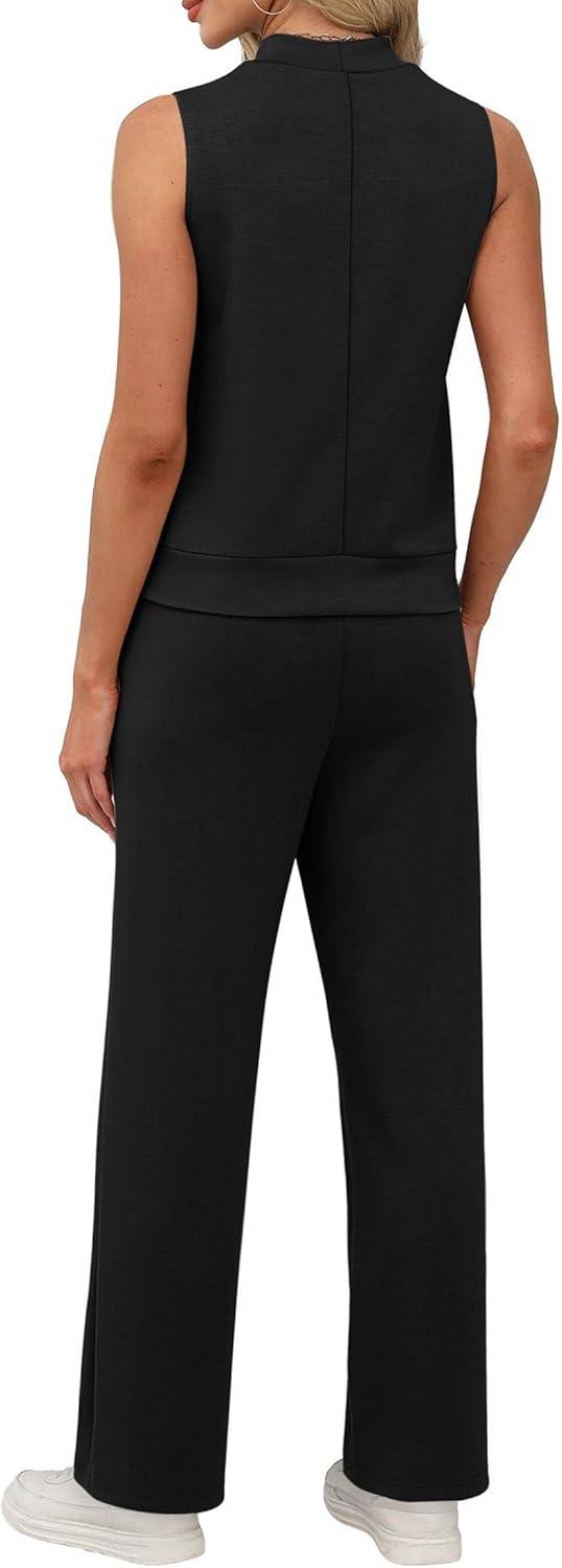 imageXIEERDUO Two Piece Sets for Women Summer Outfits Travel Mock Neck Lounge Sets Wide Leg Pants Beach Vacation ClothesBlack