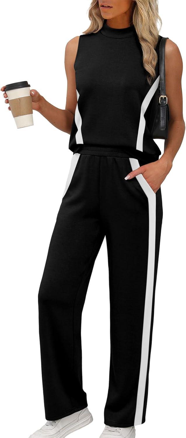 imageXIEERDUO Two Piece Sets for Women Summer Outfits Travel Mock Neck Lounge Sets Wide Leg Pants Beach Vacation ClothesBlackwhite