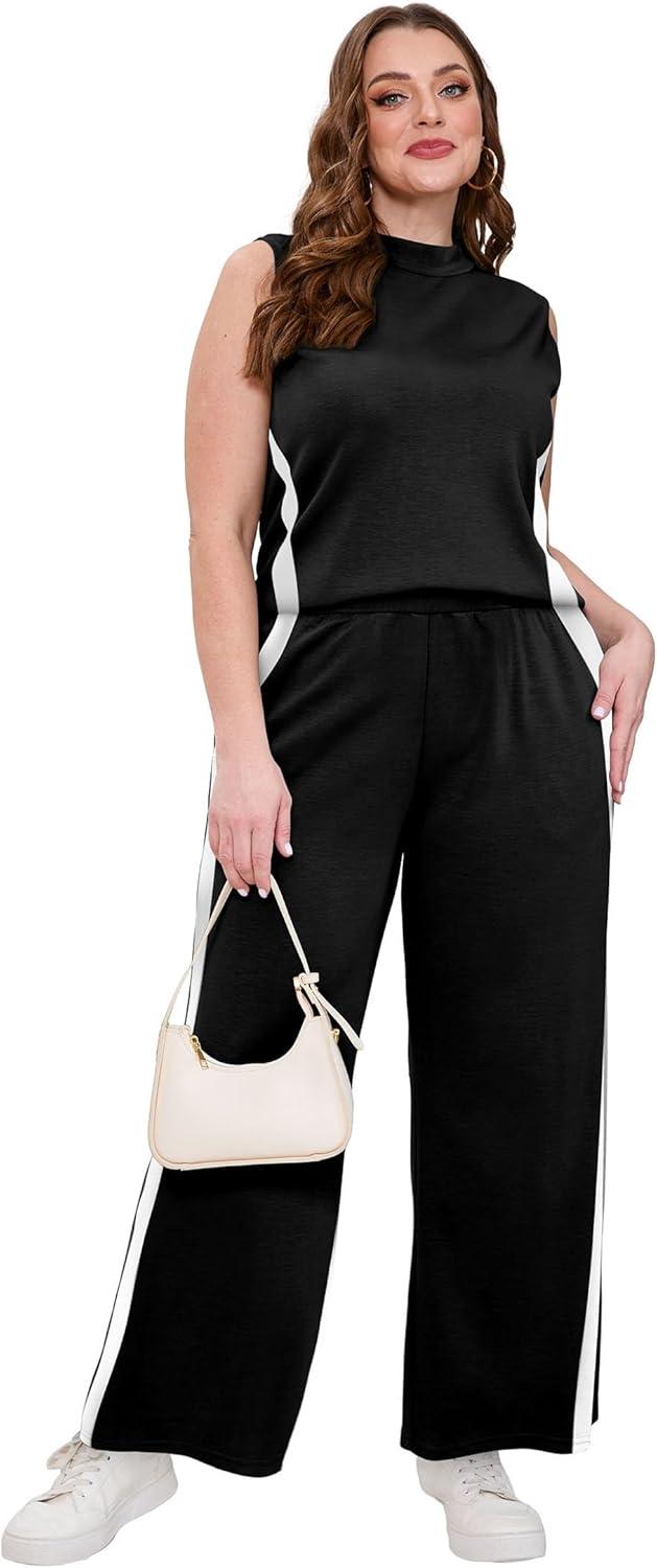 imageXIEERDUO Two Piece Sets for Women Summer Outfits Travel Mock Neck Lounge Sets Wide Leg Pants Beach Vacation ClothesBlackwhite