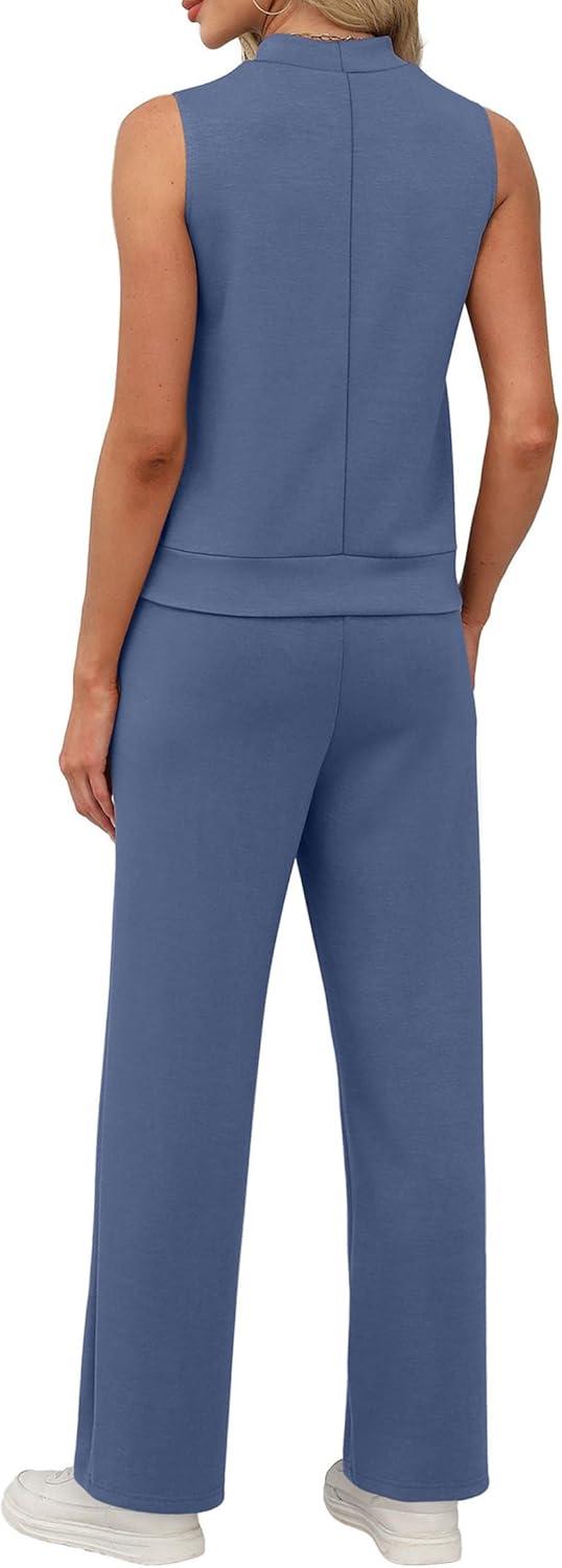 imageXIEERDUO Two Piece Sets for Women Summer Outfits Travel Mock Neck Lounge Sets Wide Leg Pants Beach Vacation ClothesBlue