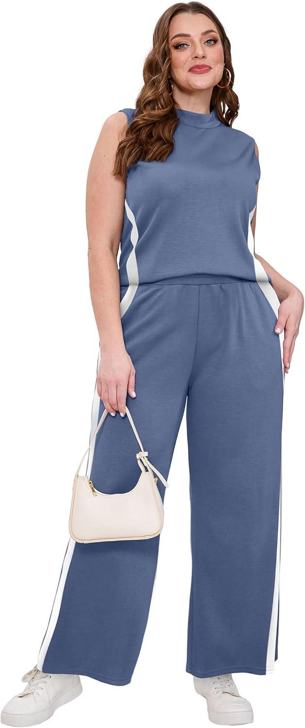 imageXIEERDUO Two Piece Sets for Women Summer Outfits Travel Mock Neck Lounge Sets Wide Leg Pants Beach Vacation ClothesBlue