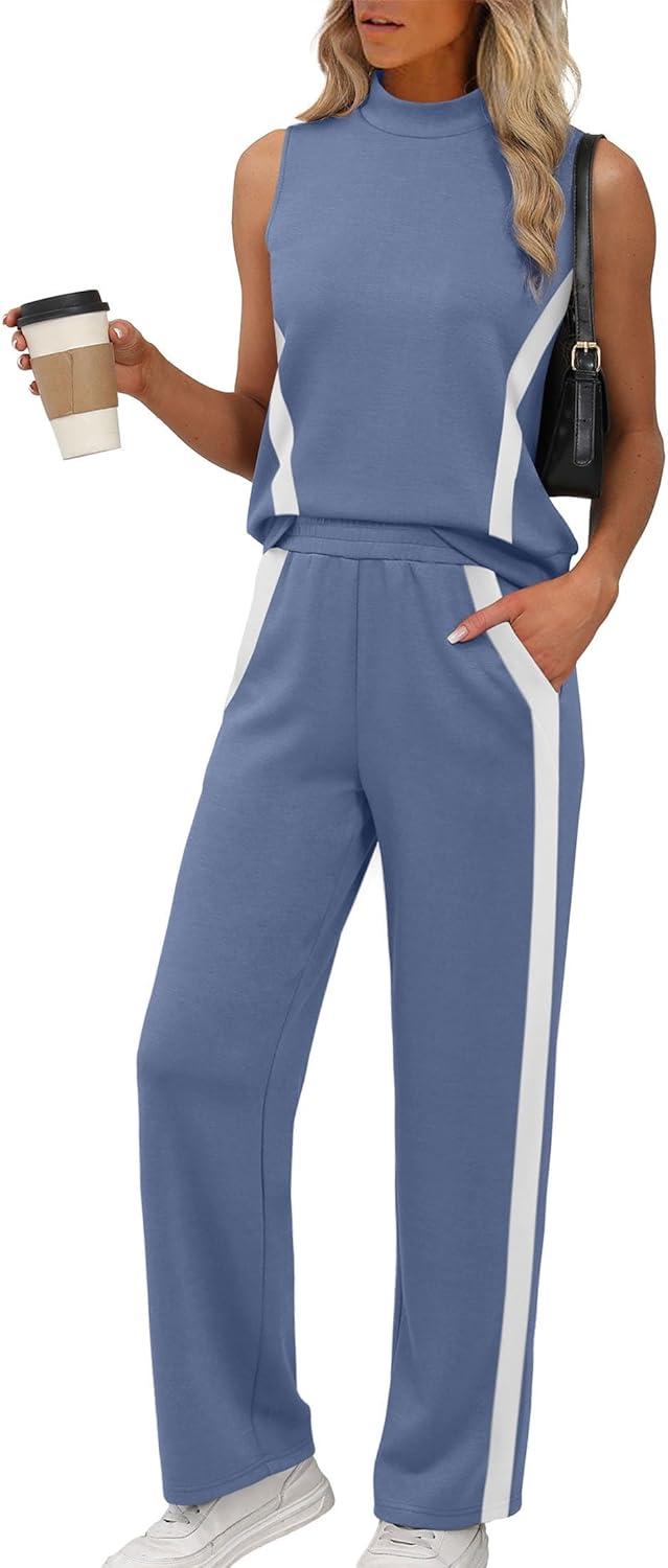 imageXIEERDUO Two Piece Sets for Women Summer Outfits Travel Mock Neck Lounge Sets Wide Leg Pants Beach Vacation ClothesBlue