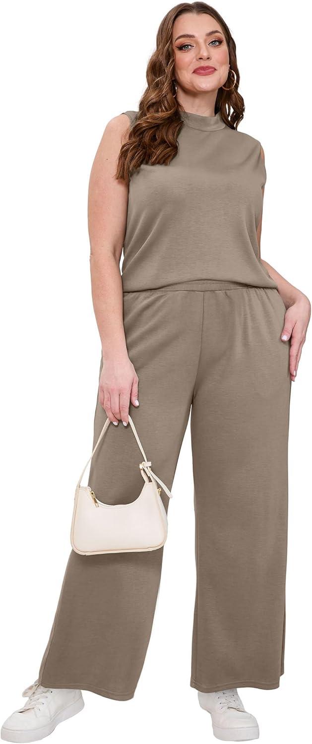 imageXIEERDUO Two Piece Sets for Women Summer Outfits Travel Mock Neck Lounge Sets Wide Leg Pants Beach Vacation ClothesCoffee