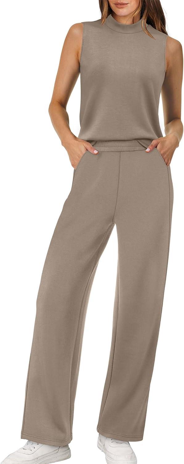 imageXIEERDUO Two Piece Sets for Women Summer Outfits Travel Mock Neck Lounge Sets Wide Leg Pants Beach Vacation ClothesCoffee