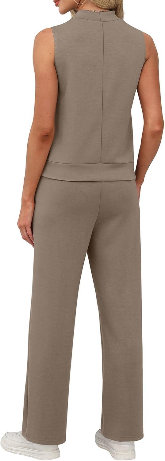 imageXIEERDUO Two Piece Sets for Women Summer Outfits Travel Mock Neck Lounge Sets Wide Leg Pants Beach Vacation ClothesCoffee