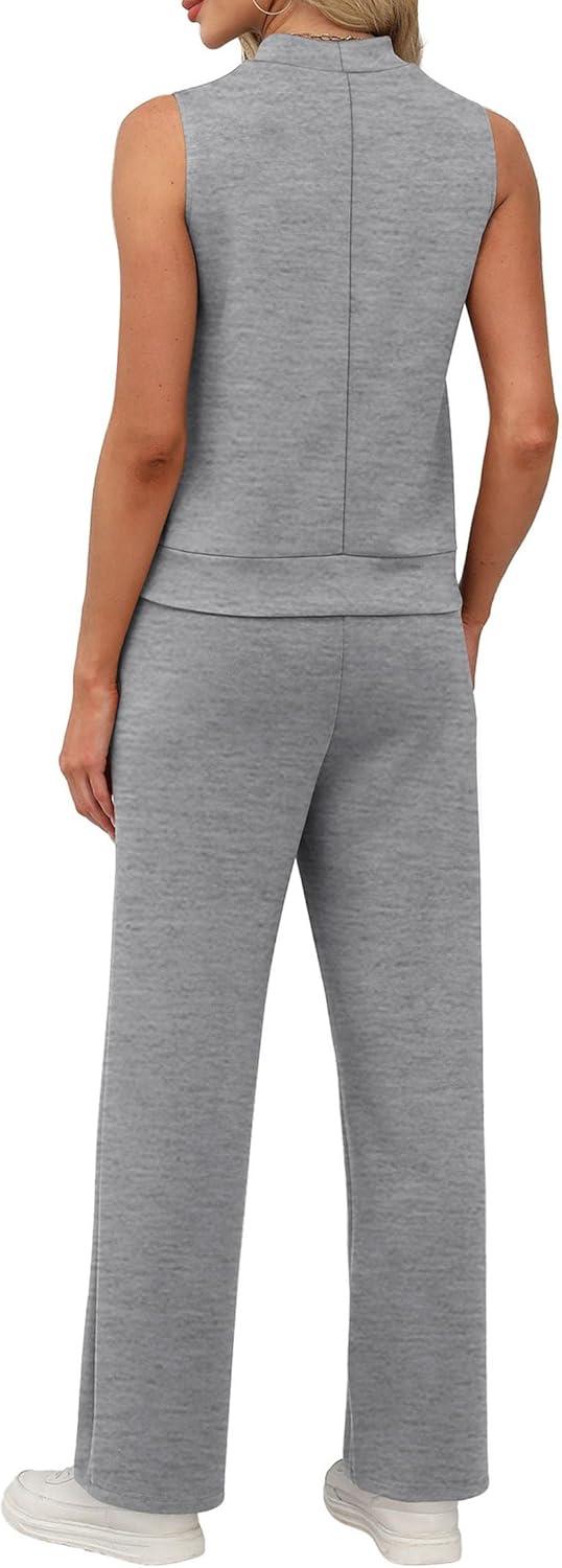 imageXIEERDUO Two Piece Sets for Women Summer Outfits Travel Mock Neck Lounge Sets Wide Leg Pants Beach Vacation ClothesGreywhite