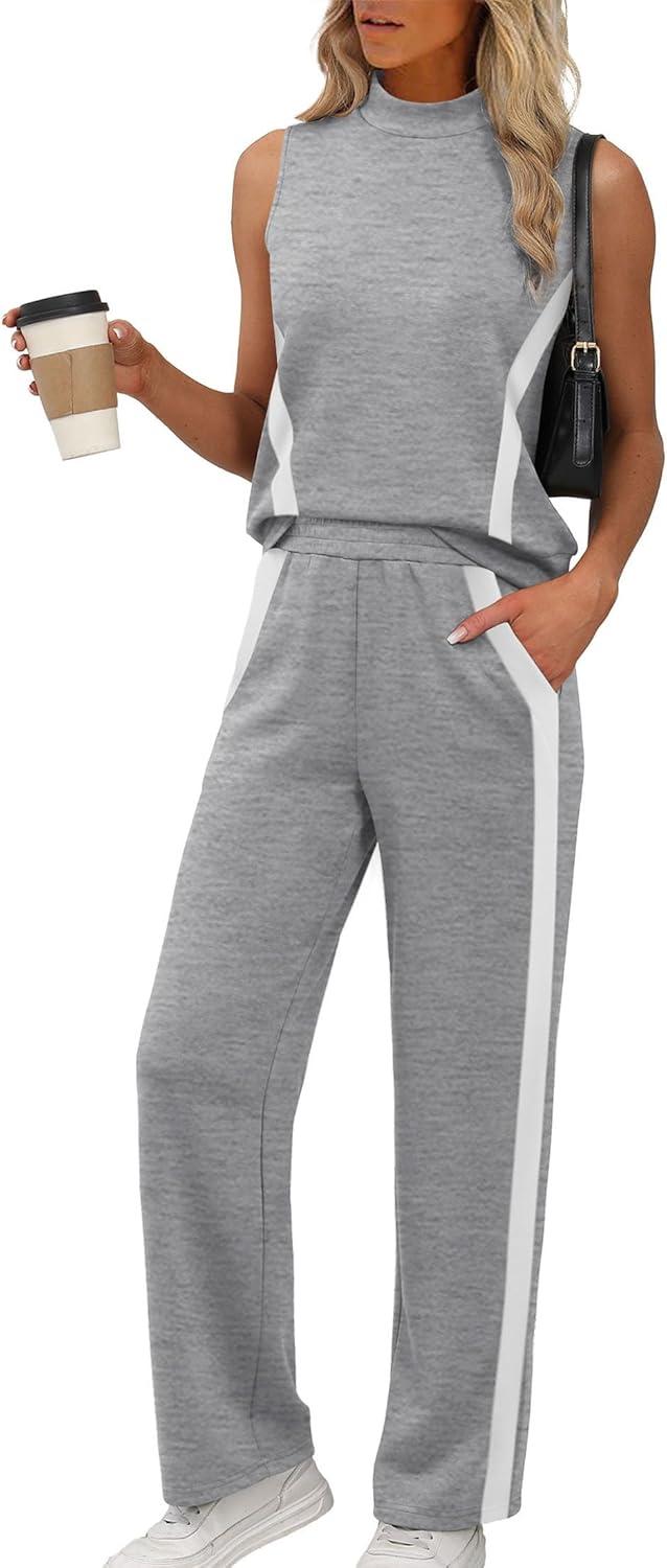 imageXIEERDUO Two Piece Sets for Women Summer Outfits Travel Mock Neck Lounge Sets Wide Leg Pants Beach Vacation ClothesGreywhite