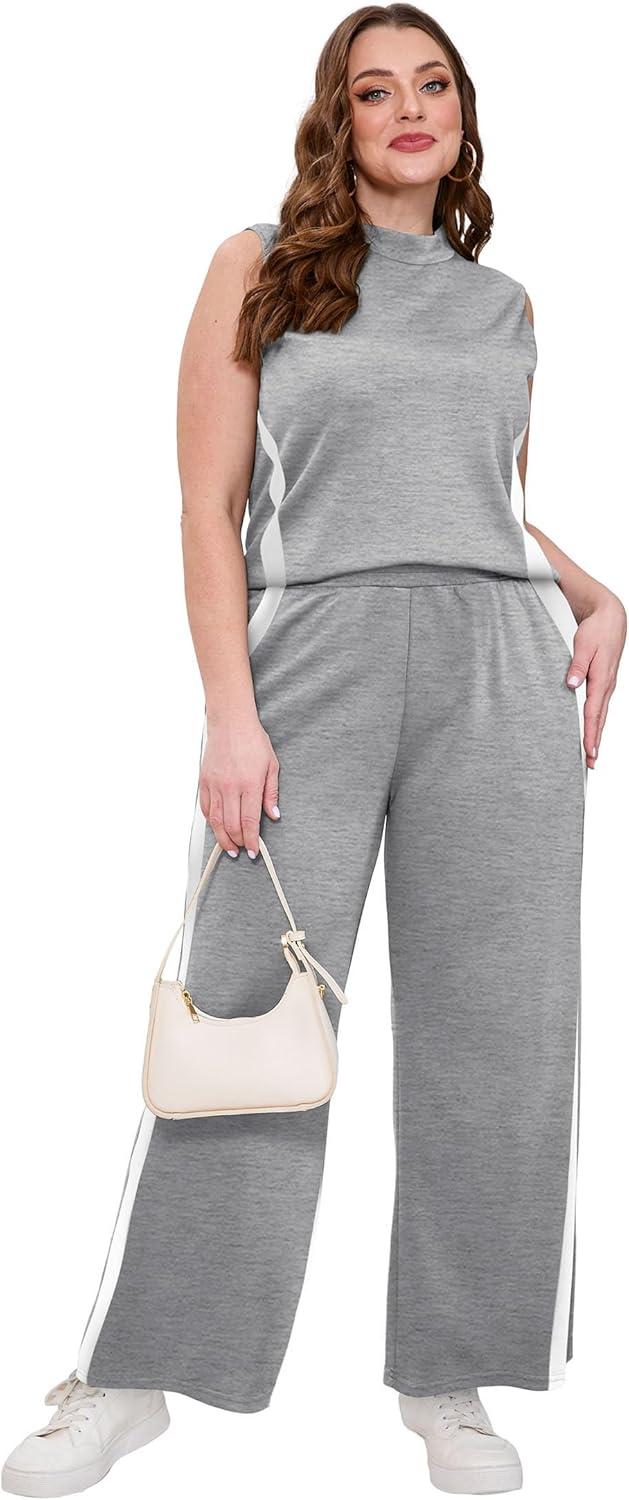 imageXIEERDUO Two Piece Sets for Women Summer Outfits Travel Mock Neck Lounge Sets Wide Leg Pants Beach Vacation ClothesGreywhite