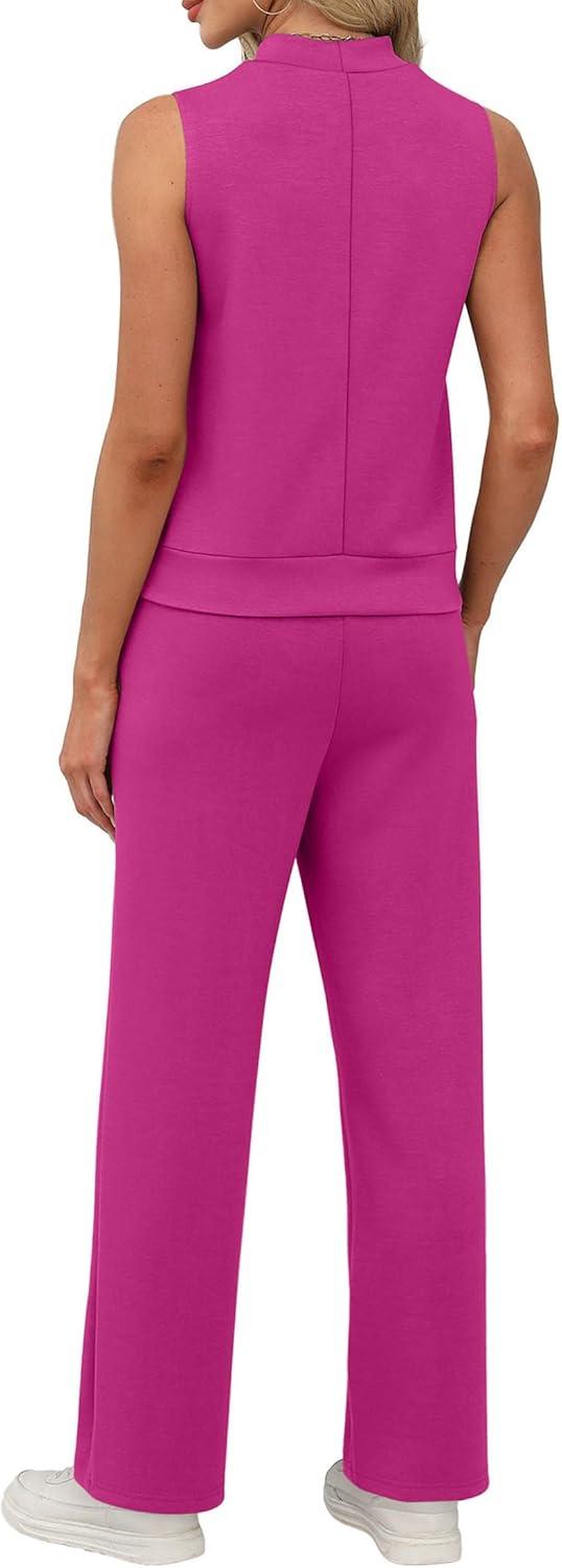 imageXIEERDUO Two Piece Sets for Women Summer Outfits Travel Mock Neck Lounge Sets Wide Leg Pants Beach Vacation ClothesHot Pink