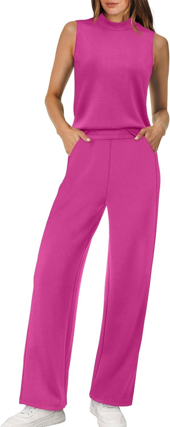 imageXIEERDUO Two Piece Sets for Women Summer Outfits Travel Mock Neck Lounge Sets Wide Leg Pants Beach Vacation ClothesHot Pink