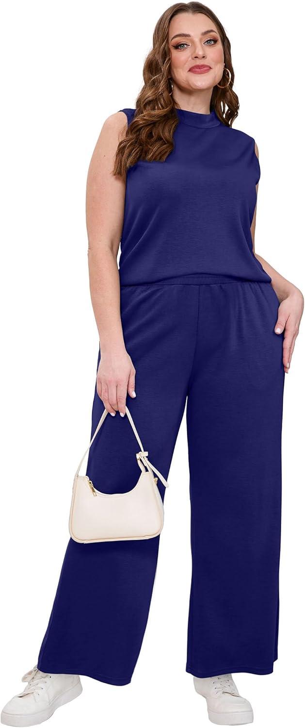 imageXIEERDUO Two Piece Sets for Women Summer Outfits Travel Mock Neck Lounge Sets Wide Leg Pants Beach Vacation ClothesNavy Blue