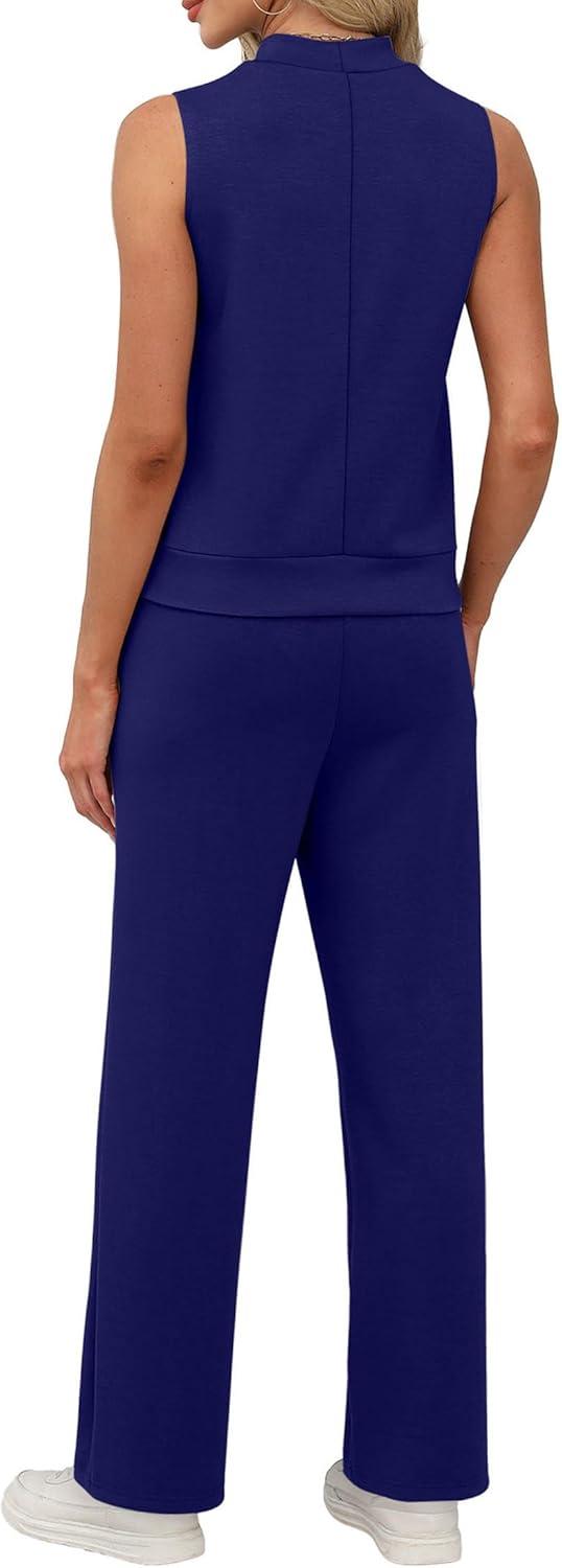 imageXIEERDUO Two Piece Sets for Women Summer Outfits Travel Mock Neck Lounge Sets Wide Leg Pants Beach Vacation ClothesNavy Blue