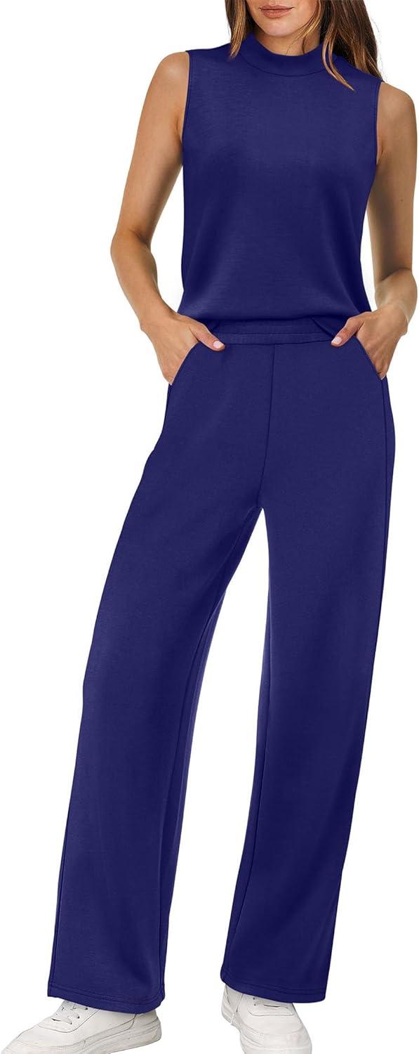 imageXIEERDUO Two Piece Sets for Women Summer Outfits Travel Mock Neck Lounge Sets Wide Leg Pants Beach Vacation ClothesNavy Blue