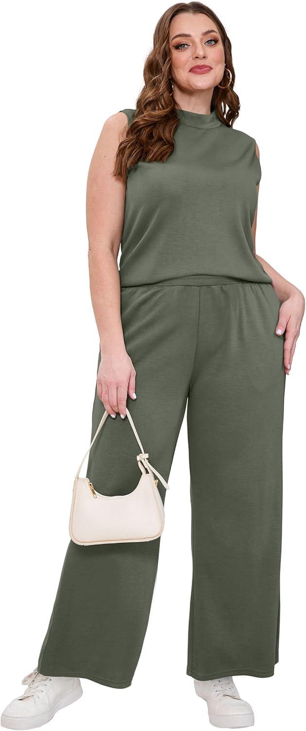 imageXIEERDUO Two Piece Sets for Women Summer Outfits Travel Mock Neck Lounge Sets Wide Leg Pants Beach Vacation ClothesOlive Green