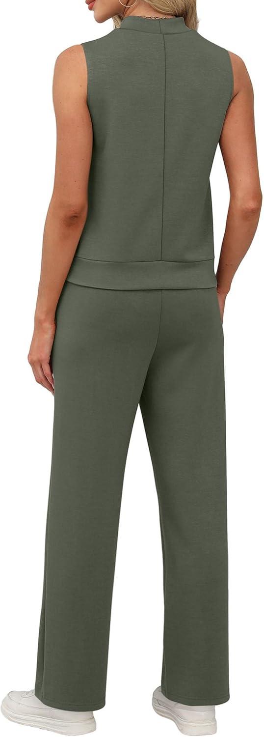 imageXIEERDUO Two Piece Sets for Women Summer Outfits Travel Mock Neck Lounge Sets Wide Leg Pants Beach Vacation ClothesOlive Green