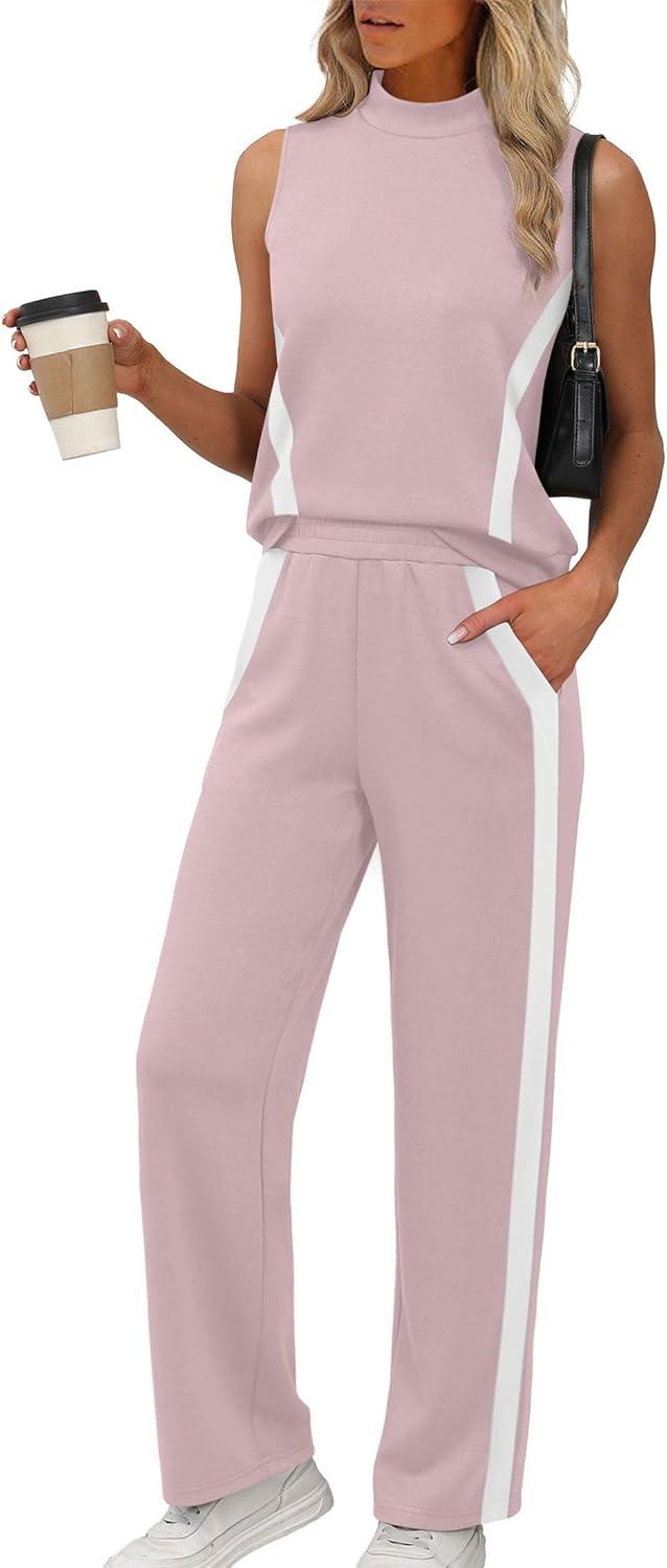 imageXIEERDUO Two Piece Sets for Women Summer Outfits Travel Mock Neck Lounge Sets Wide Leg Pants Beach Vacation ClothesPinkwhite