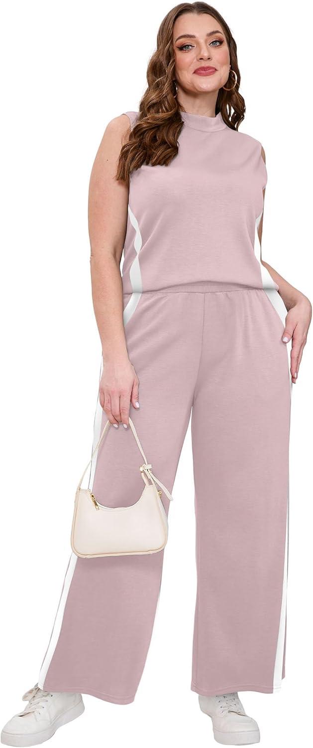 imageXIEERDUO Two Piece Sets for Women Summer Outfits Travel Mock Neck Lounge Sets Wide Leg Pants Beach Vacation ClothesPinkwhite