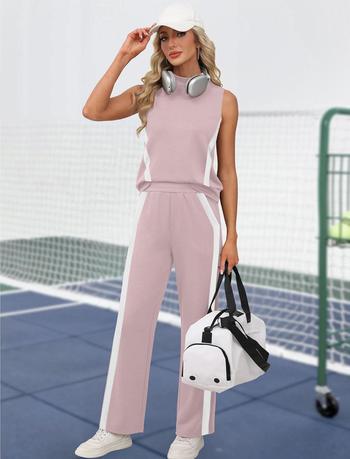 imageXIEERDUO Two Piece Sets for Women Summer Outfits Travel Mock Neck Lounge Sets Wide Leg Pants Beach Vacation ClothesPinkwhite