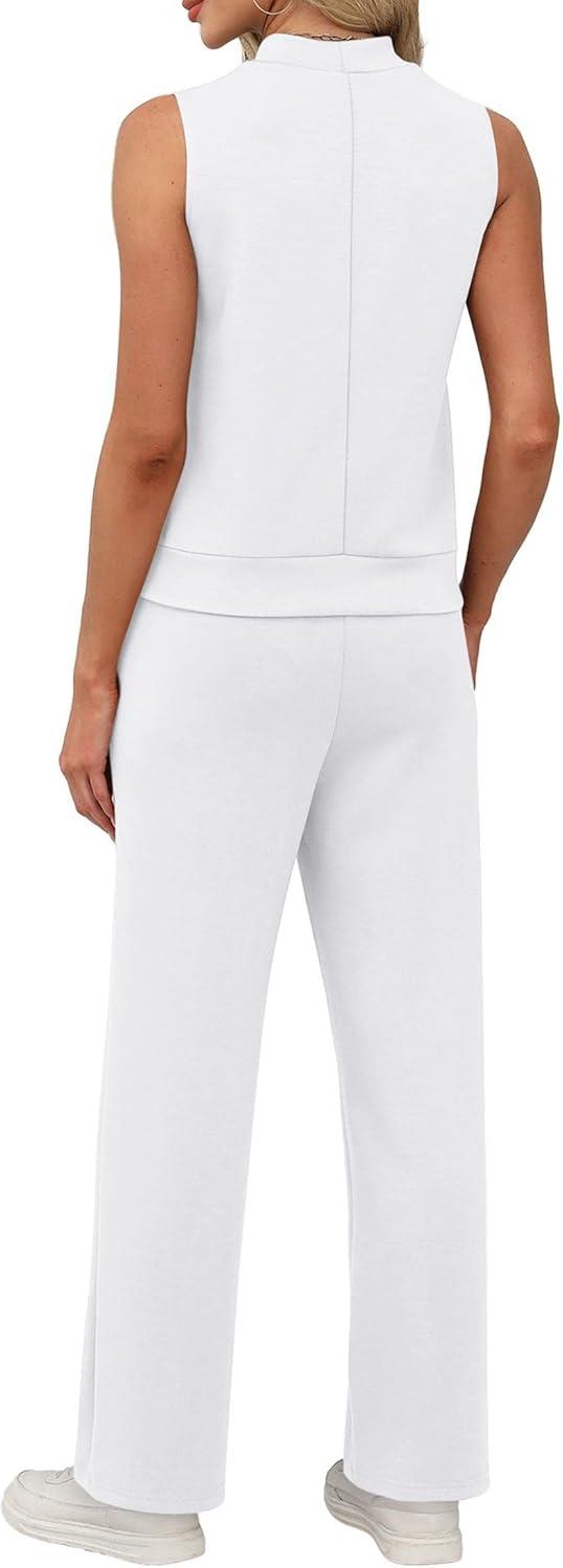 imageXIEERDUO Two Piece Sets for Women Summer Outfits Travel Mock Neck Lounge Sets Wide Leg Pants Beach Vacation ClothesWhiteblack