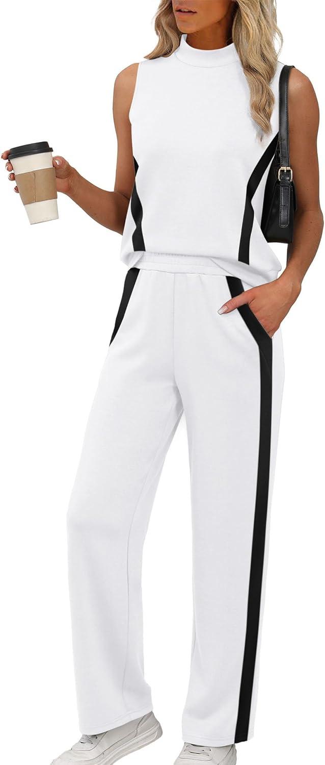 imageXIEERDUO Two Piece Sets for Women Summer Outfits Travel Mock Neck Lounge Sets Wide Leg Pants Beach Vacation ClothesWhiteblack