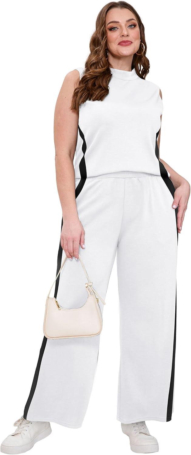 imageXIEERDUO Two Piece Sets for Women Summer Outfits Travel Mock Neck Lounge Sets Wide Leg Pants Beach Vacation ClothesWhiteblack