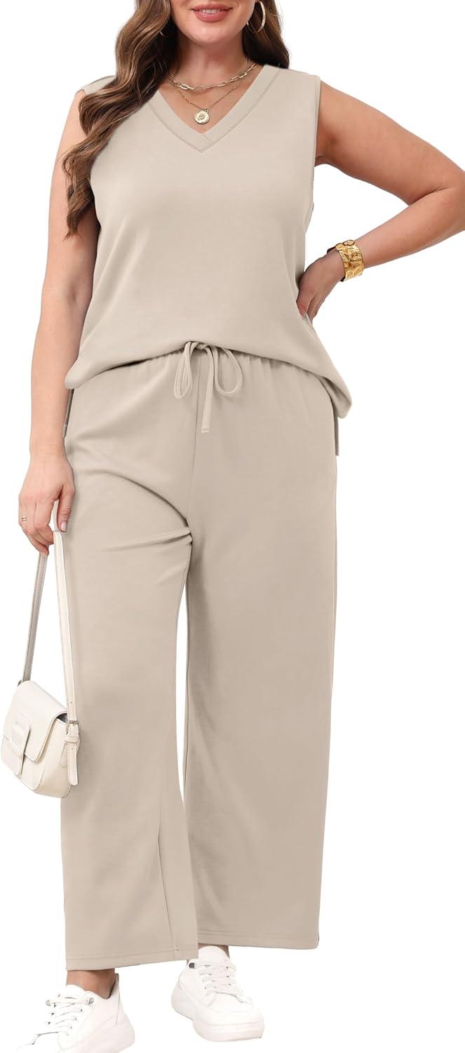 imageXIEERDUO Two Piece Sets for Women Summer Vacation Travel Outfits V Neck Lounge Matching SetsBeige