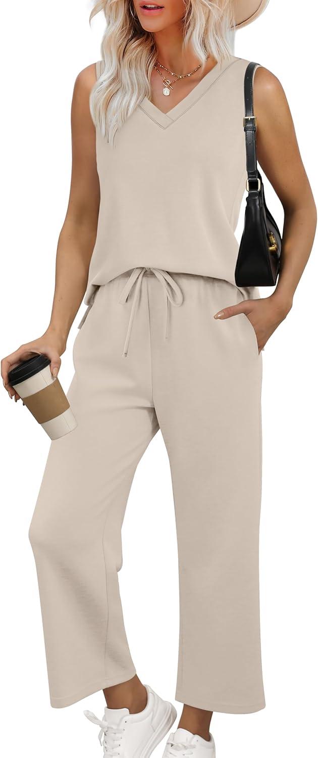imageXIEERDUO Two Piece Sets for Women Summer Vacation Travel Outfits V Neck Lounge Matching SetsBeige