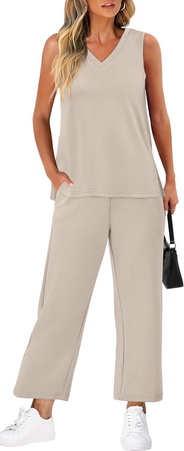 imageXIEERDUO Two Piece Sets for Women Summer Vacation Travel Outfits V Neck Lounge Matching SetsBeige